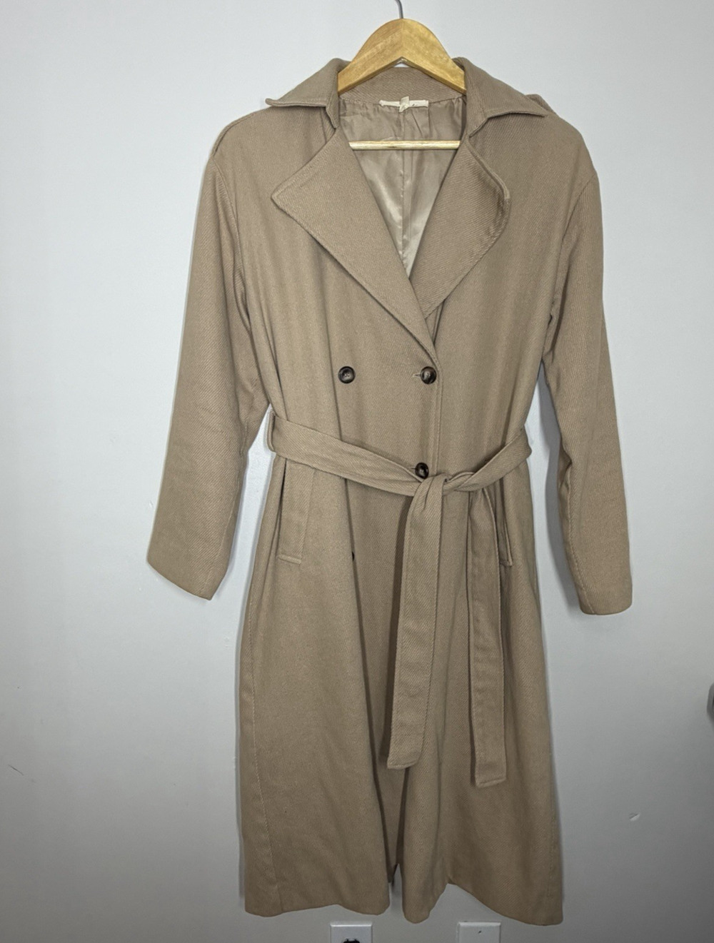 Et Clet Ribbed Trench Coat Mid Length Womens S/M Tan Double Breasted Tie Cotton